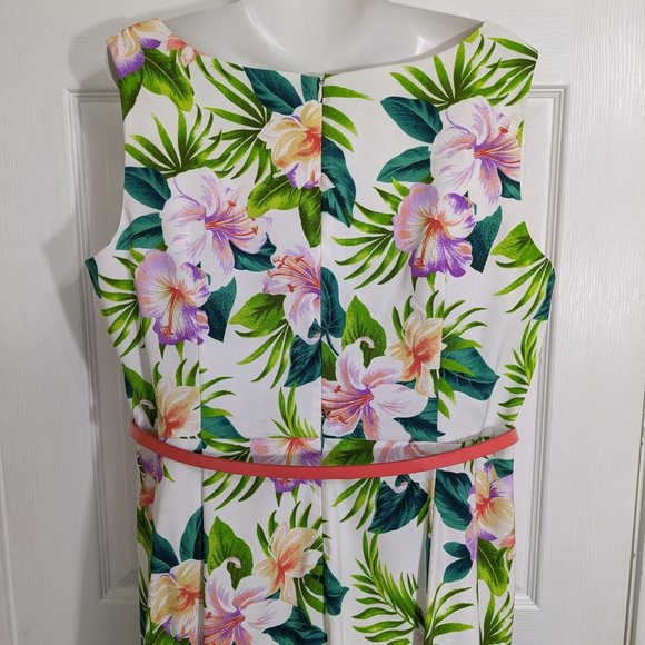 Dressbarn White Green Purple Floral Sleeveless Belted Midi Dress - size 16W - Picture 10 of 15